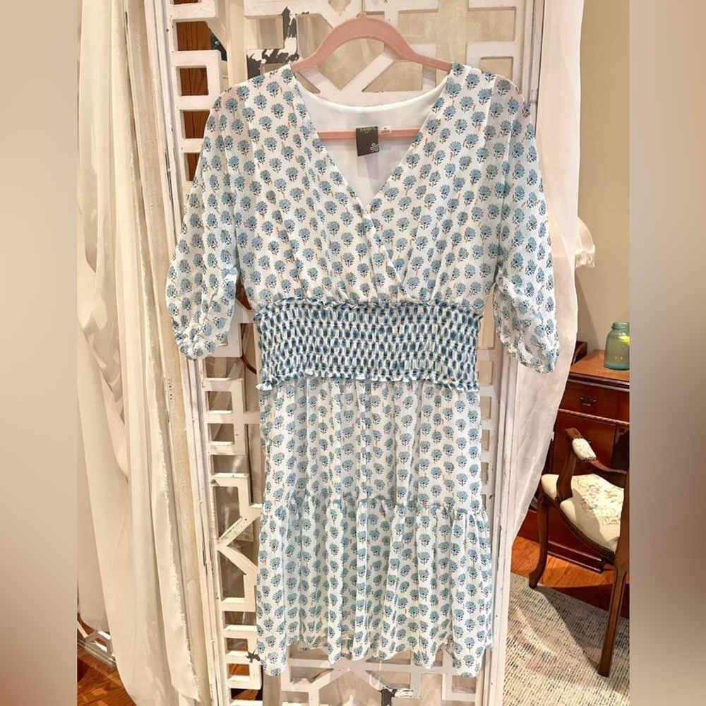 Taylor White Blue & gold Smocked-Waist Dress